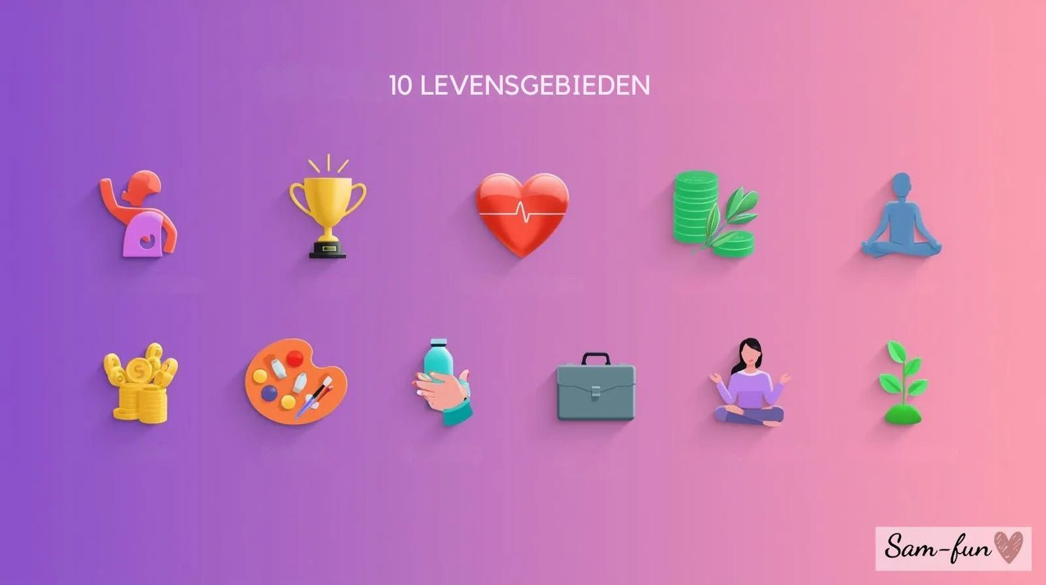 Complete overzicht van affirmaties per levensgebied met 10 verschillende iconen voor zelfvertrouwen, succes, liefde, gezondheid, geld, werk, relaties, creativiteit, innerlijke rust en persoonlijke groei