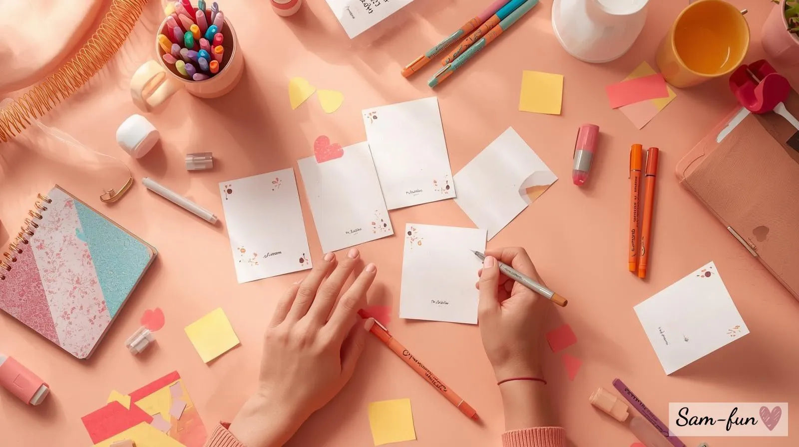 Persoon die affirmaties personaliseert en aanpast aan eigen situatie met journal en kleurrijke markers