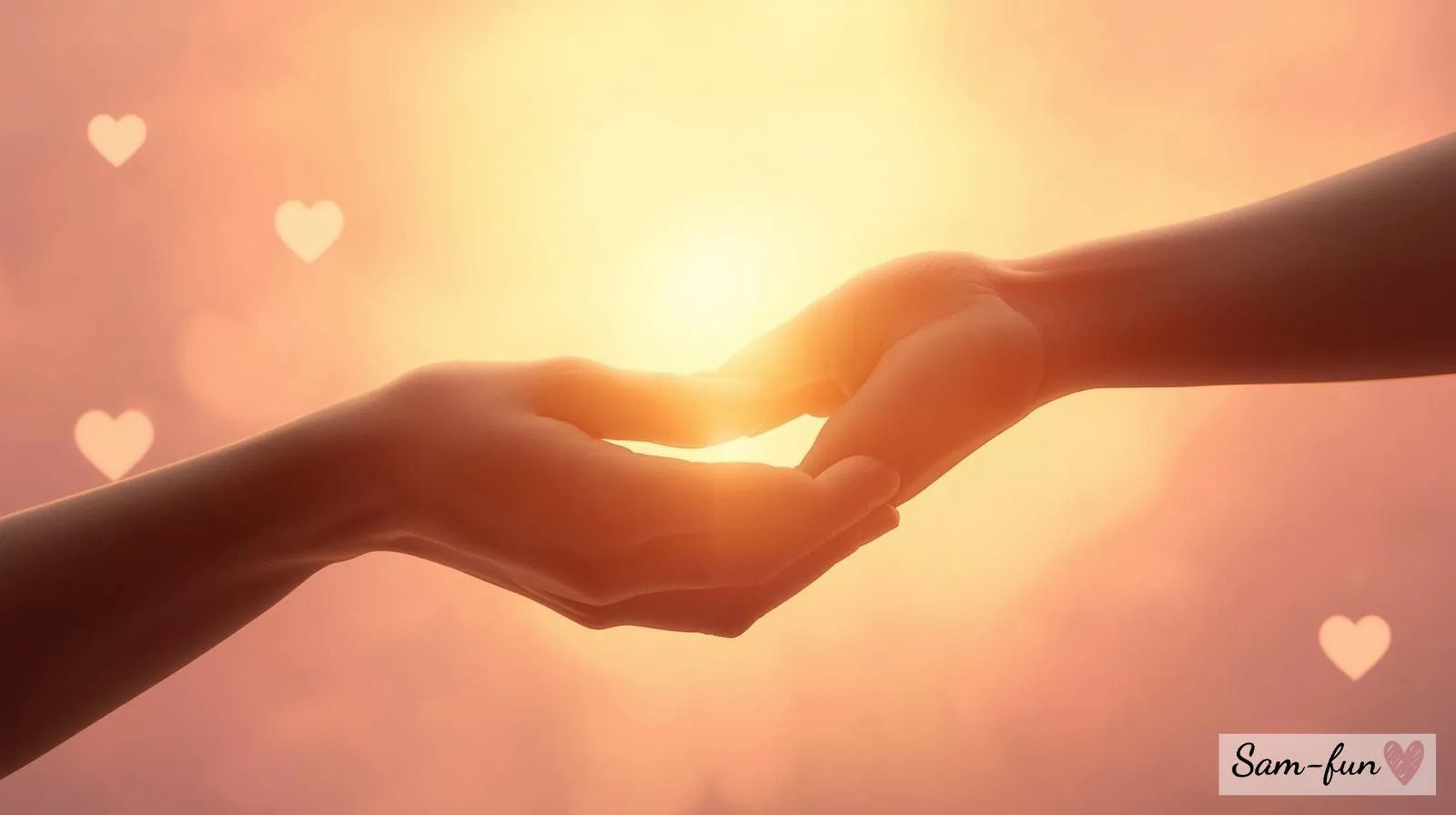 Twee handen die elkaar zacht vasthouden met gouden licht ertussen, symboliseert gezonde relaties en liefde met affirmaties