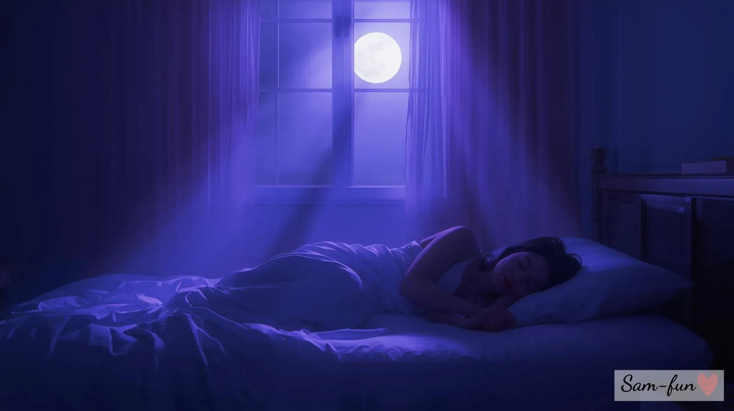 Persoon die rustig slaapt in een minimalistische slaapkamer bij maanlicht, in kalme paarse en blauwe tinten