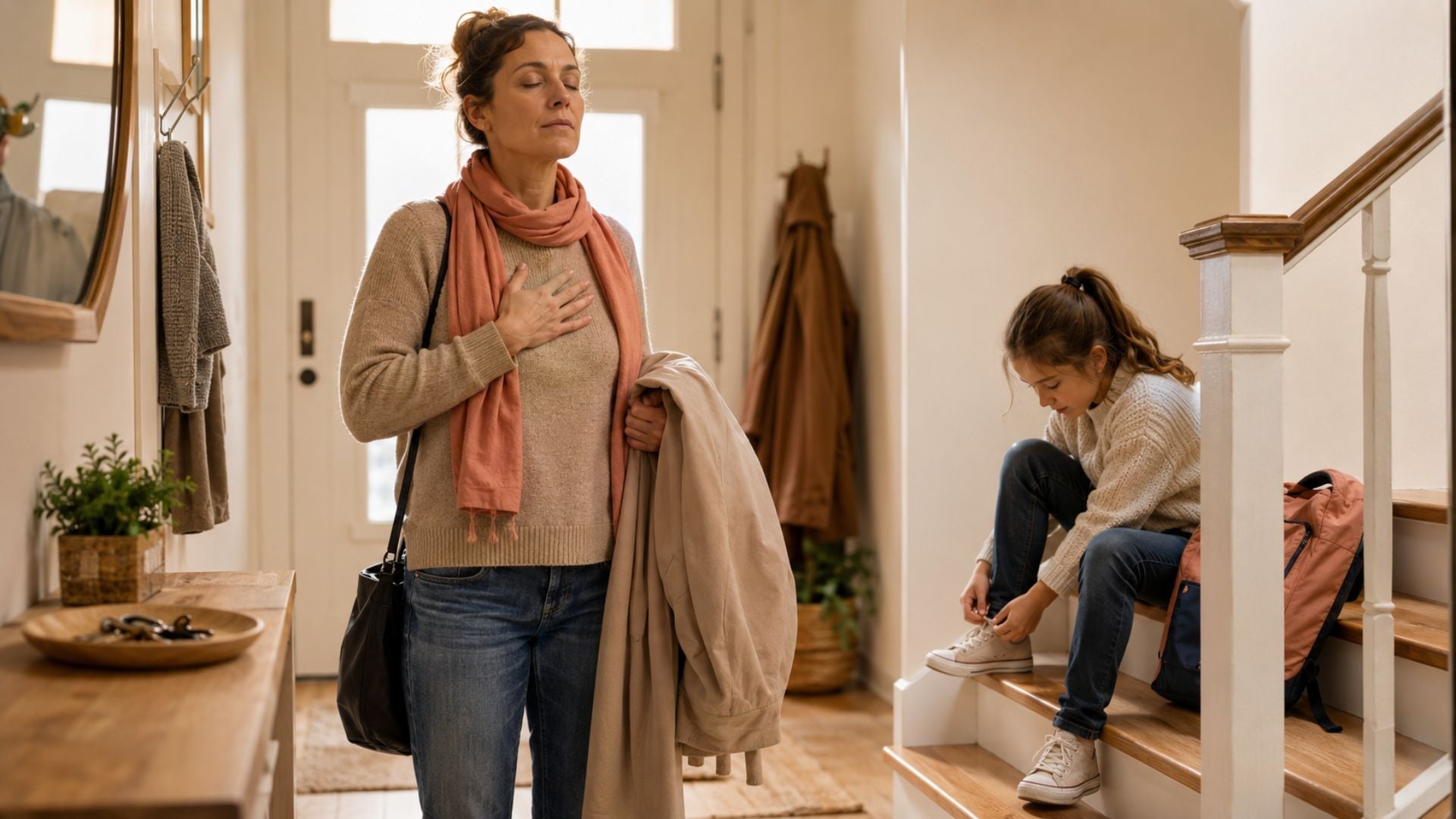 Ouder staat in een lichte hal even stil terwijl een kind schoenen aantrekt en een rugzak klaarstaat voor vertrek.