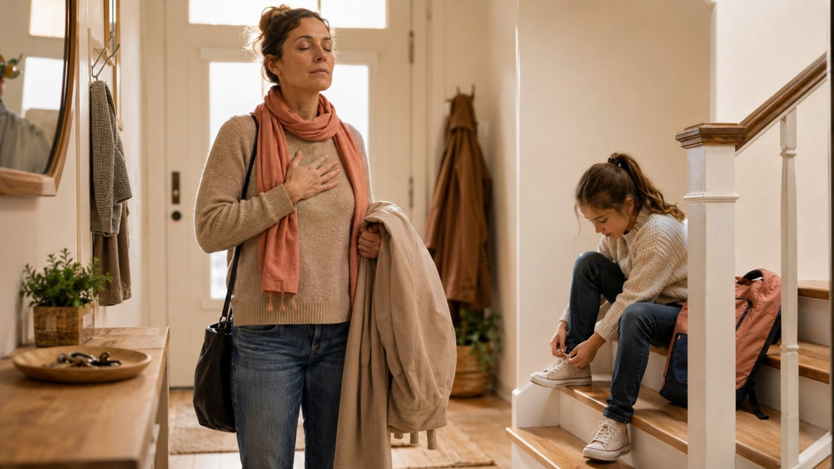 Ouder staat in een lichte hal even stil terwijl een kind schoenen aantrekt en een rugzak klaarstaat voor vertrek.