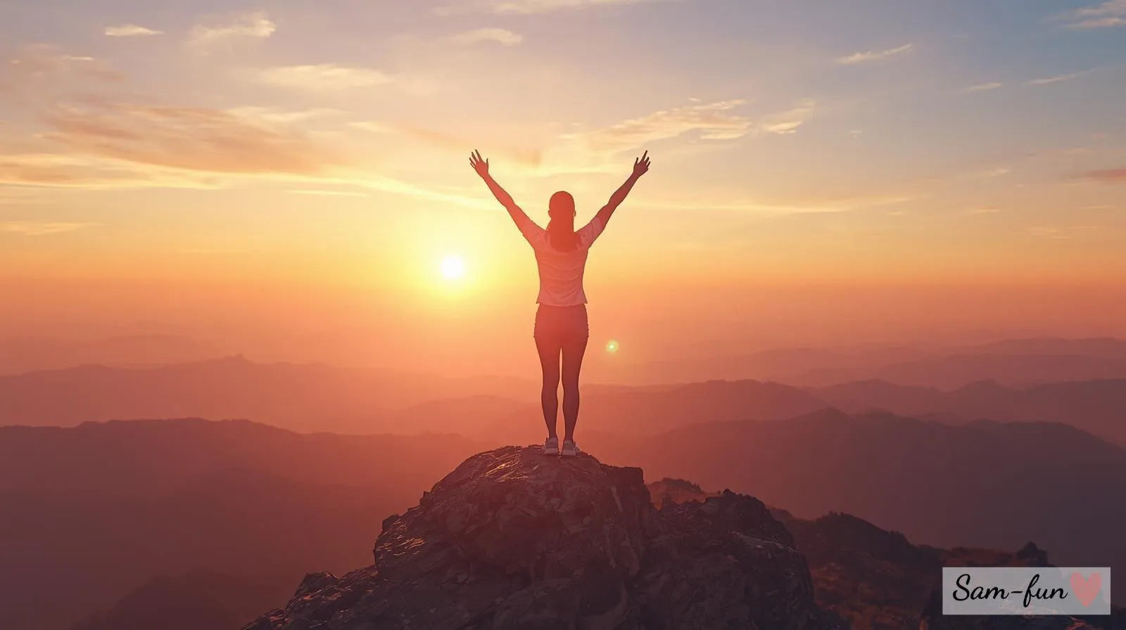 Persoon op bergtop bij zonsopgang met armen omhoog in victorie gebaar, symboliseert succes en doelen bereiken met affirmaties