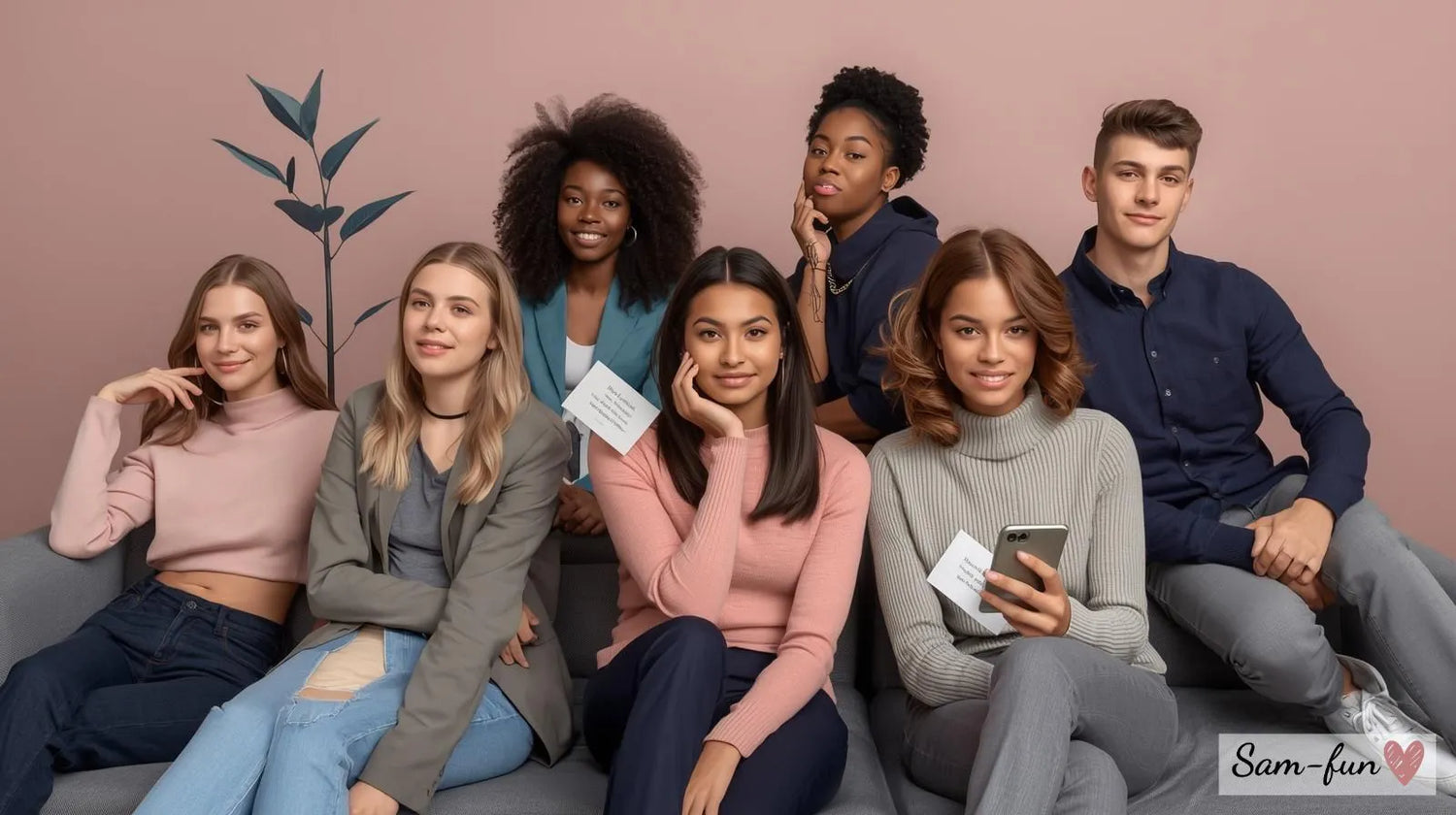 Zelfverzekerde tieners van 13 tot 18 jaar in moderne setting met affirmatie-kaarten, symboliseert positieve affirmaties voor pubers om zelfvertrouwen en identiteit te versterken