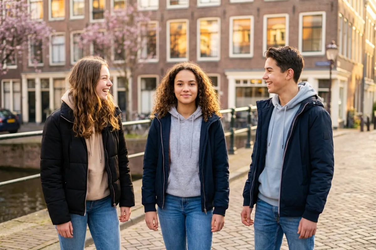 Drie zelfverzekerde tieners lachen samen - affirmaties voor zelfvertrouwen en identiteit bij jongeren