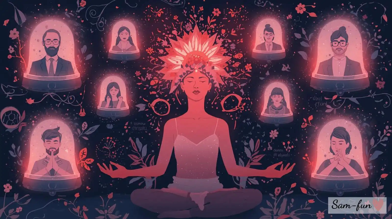 Persoon in meditatie met visualisatie van affirmaties en mentale beelden die transformeren