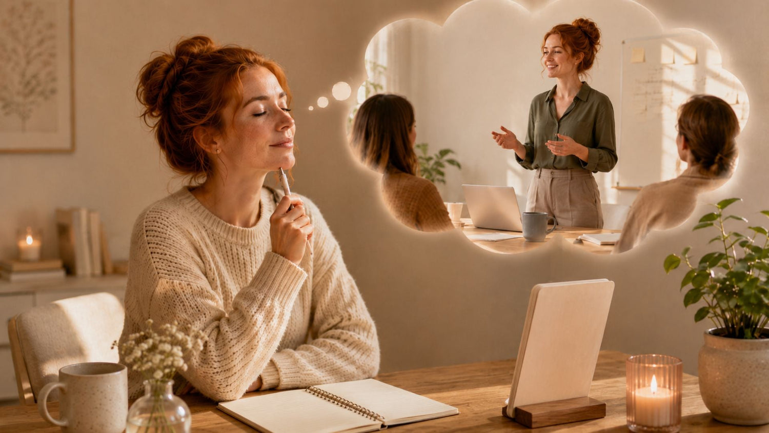 Roodharige vrouw zit aan tafel met gesloten ogen en stelt zich een gesprek voor waarin ze rustig en helder spreekt.