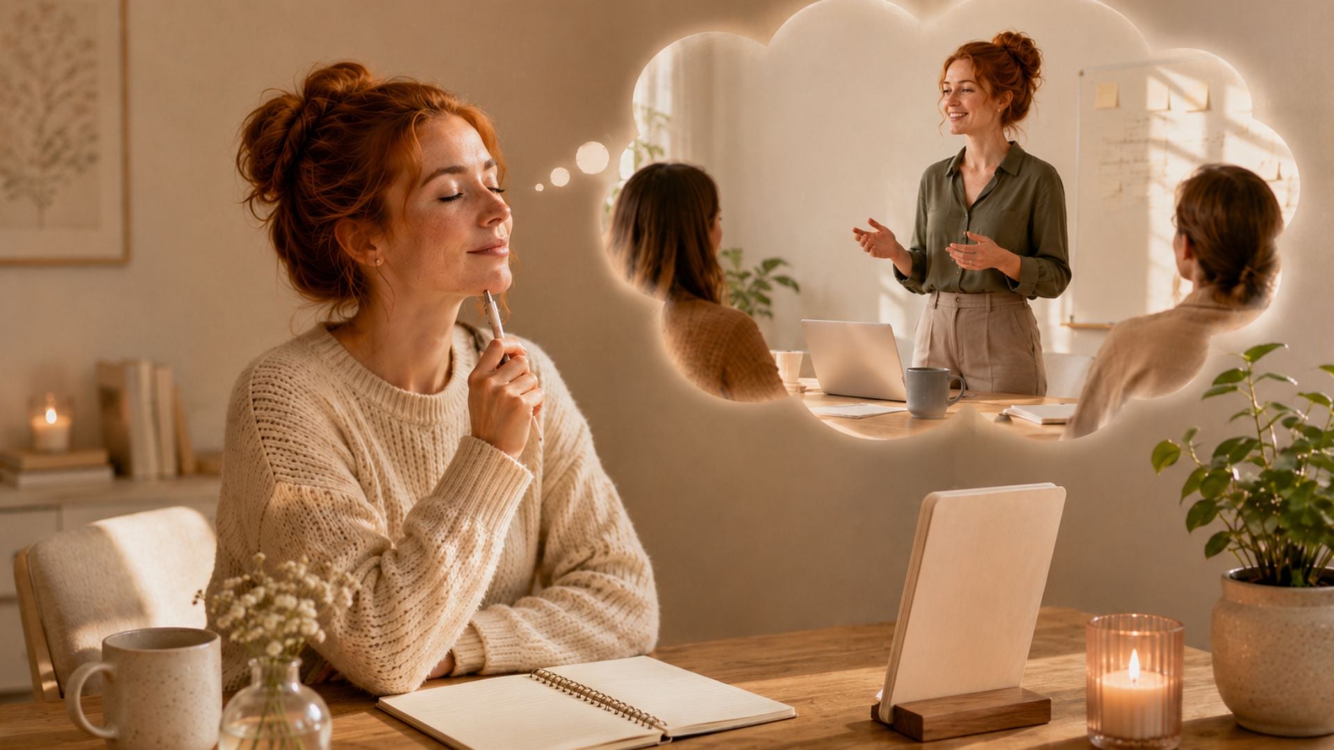 Roodharige vrouw zit aan tafel met gesloten ogen en stelt zich een gesprek voor waarin ze rustig en helder spreekt.