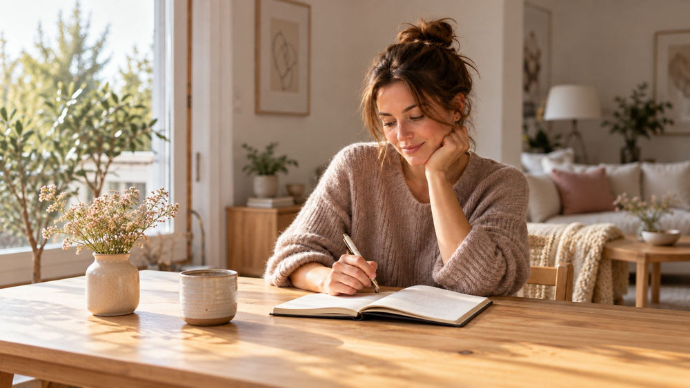 Een ouder zit aan een lichte tafel met een open notitieboek en een pen, klaar om iets op te schrijven.