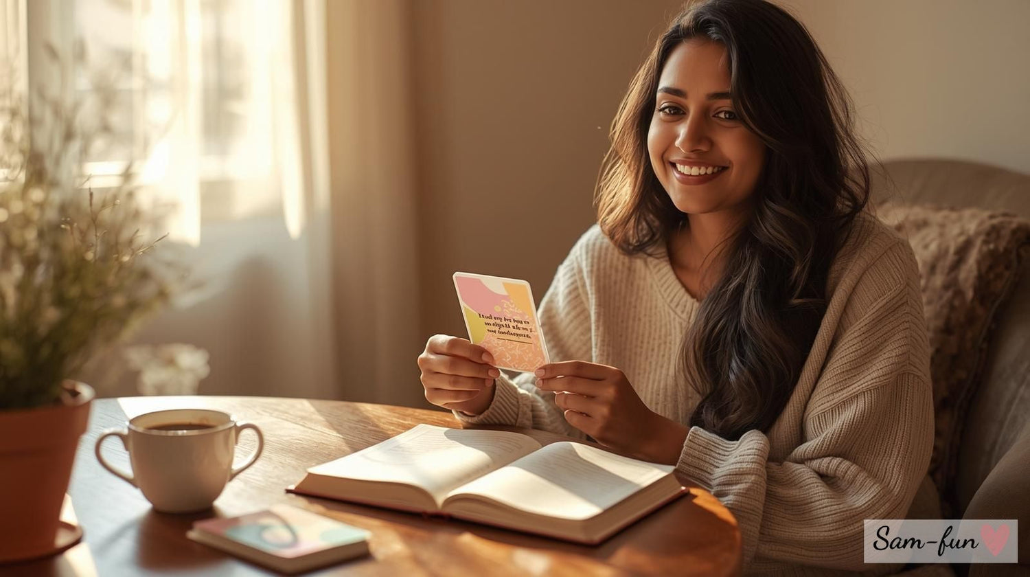 Beginner start met affirmaties aan ontbijttafel met affirmatie kaarten, journal en koffie in warme ochtendsfeer