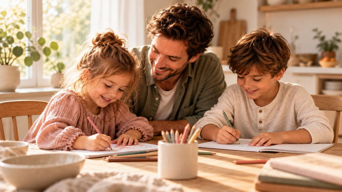 Vader met twee kinderen die samen tekenen aan tafel in een warme, rustige huiselijke omgeving.
