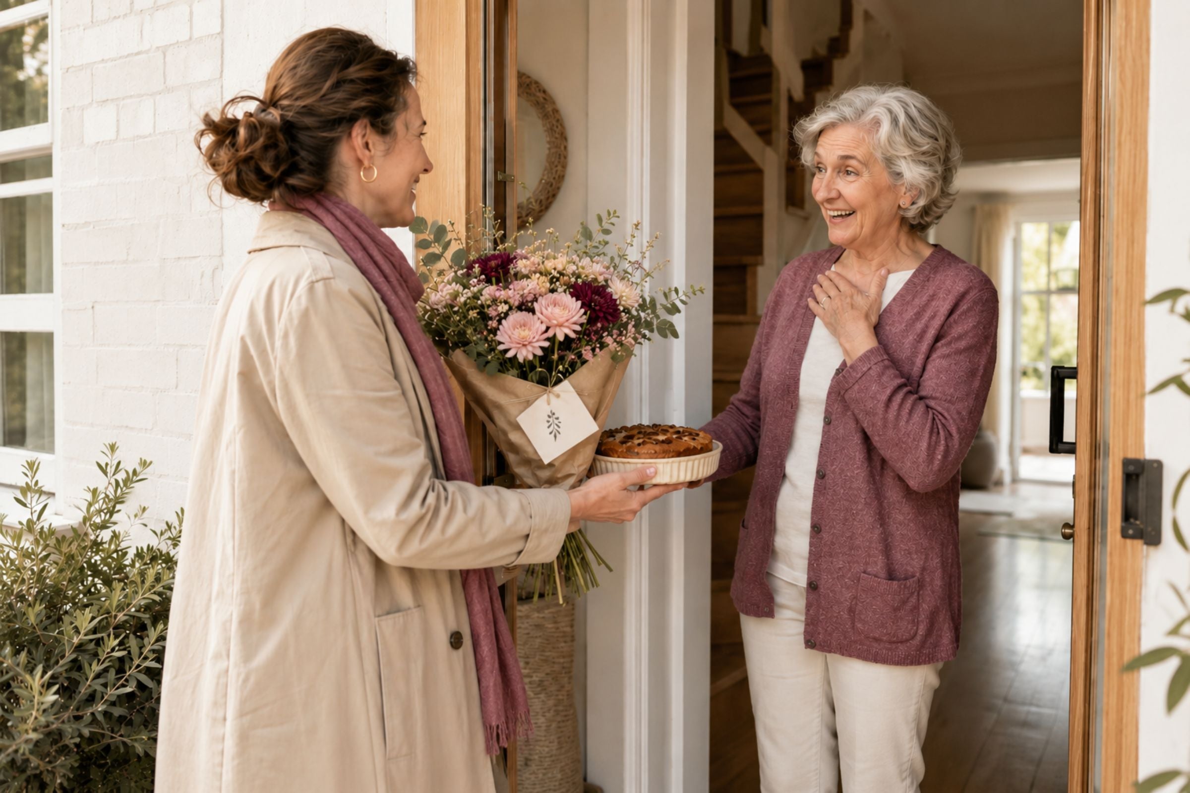 Een vrouw staat bij de voordeur met een bos bloemen met een klein kaartje eraan en een appeltaart, terwijl een oudere vrouw haar blij ontvangt.