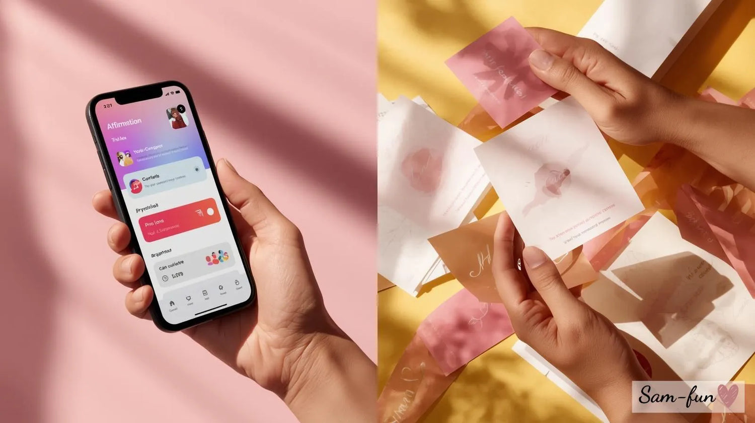 Vergelijking tussen affirmatie apps op smartphone en fysieke affirmatie kaarten met voor- en nadelen van beide opties