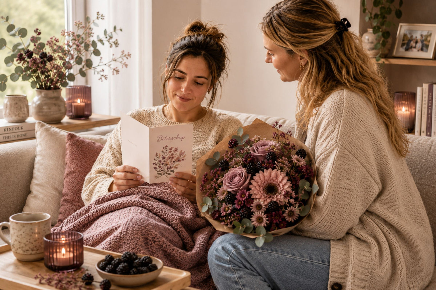 Een vrouw zit op de bank onder een zachte deken en leest een beterschapskaart, terwijl een vriendin naast haar zit met een bos bloemen.
