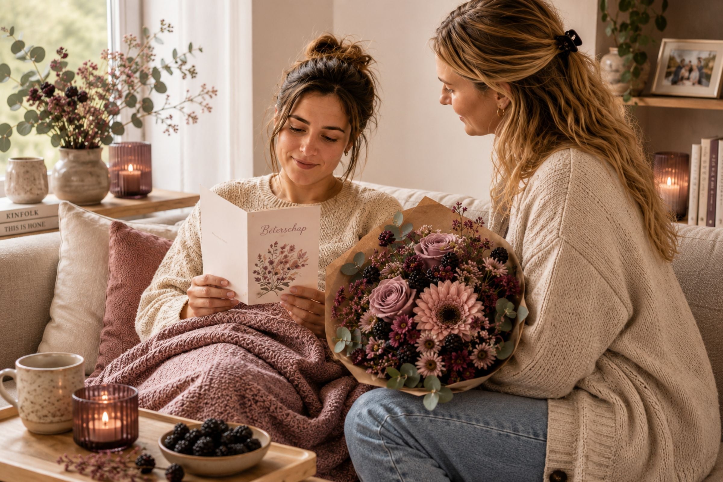 Een vrouw zit op de bank onder een zachte deken en leest een beterschapskaart, terwijl een vriendin naast haar zit met een bos bloemen.
