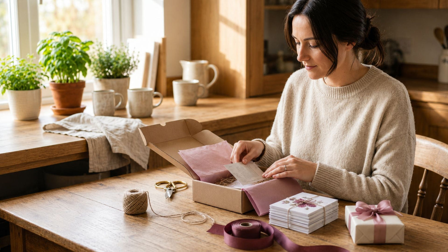 Vrouw stelt aan een lichte keukentafel een rustig cadeau samen rond affirmatiekaarten met een kleine kaart en eenvoudig ingepakt extraatje.