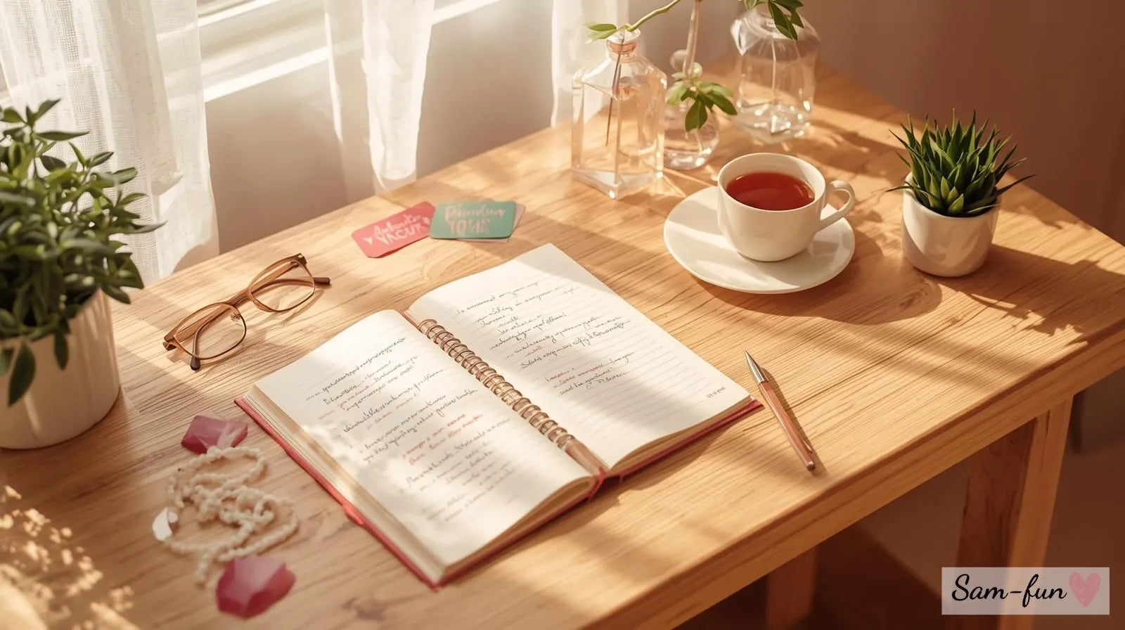 Complete Affirmaties Masterclass 2025 overzicht met journal, affirmatie kaarten en werkbladen op bureau