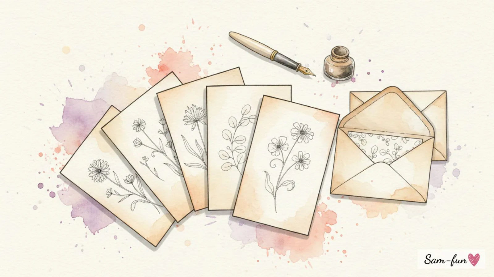 Complete wenskaarten gids overzicht met vijf verschillende kaarten in aquarel stijl, inclusief tips voor schrijven en versturen