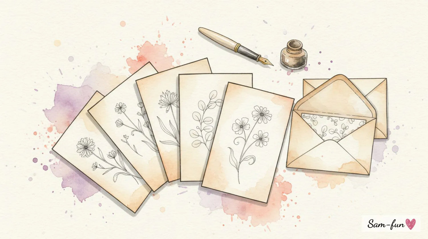 Complete wenskaarten gids overzicht met vijf verschillende kaarten in aquarel stijl, inclusief tips voor schrijven en versturen