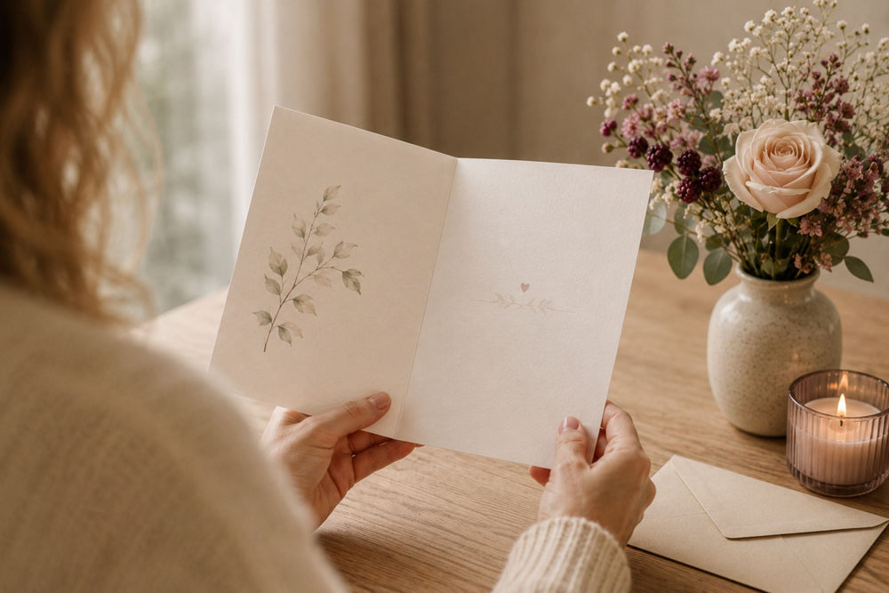 Iemand houdt een condoleancekaart vast aan een houten tafel, met een vaasje bloemen, een envelop en een brandend kaarsje ernaast.