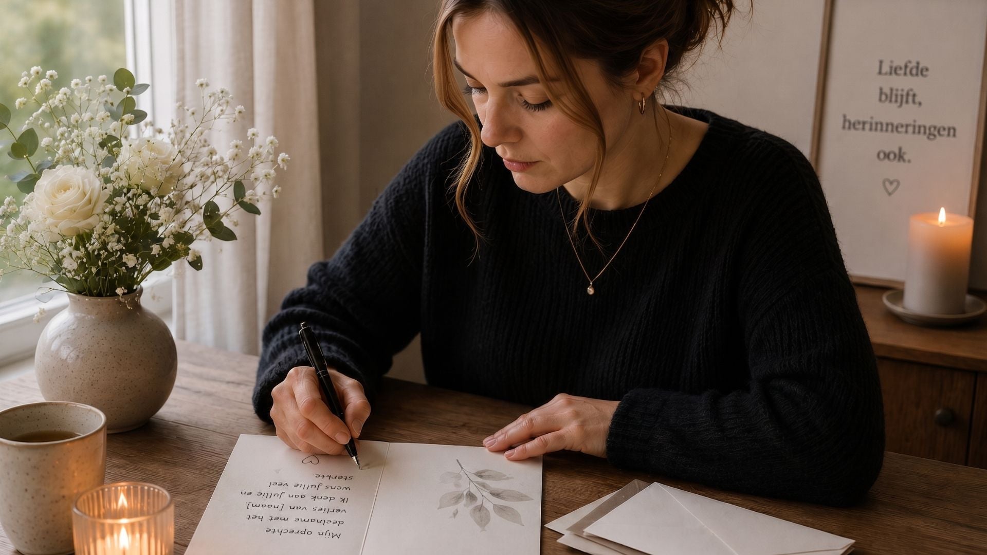 Een vrouw schrijft aan tafel een condoleancekaart met witte bloemen en gesloten enveloppen naast zich.