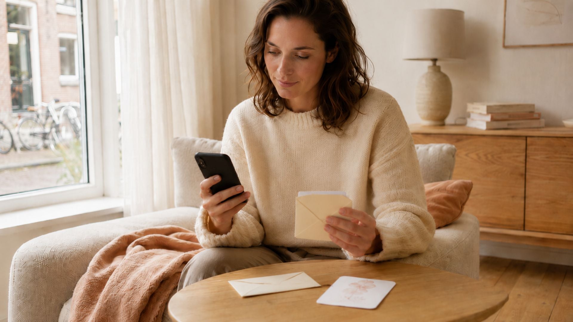 Een vrouw vergelijkt thuis een bericht op haar telefoon met een fysieke wenskaart op tafel.