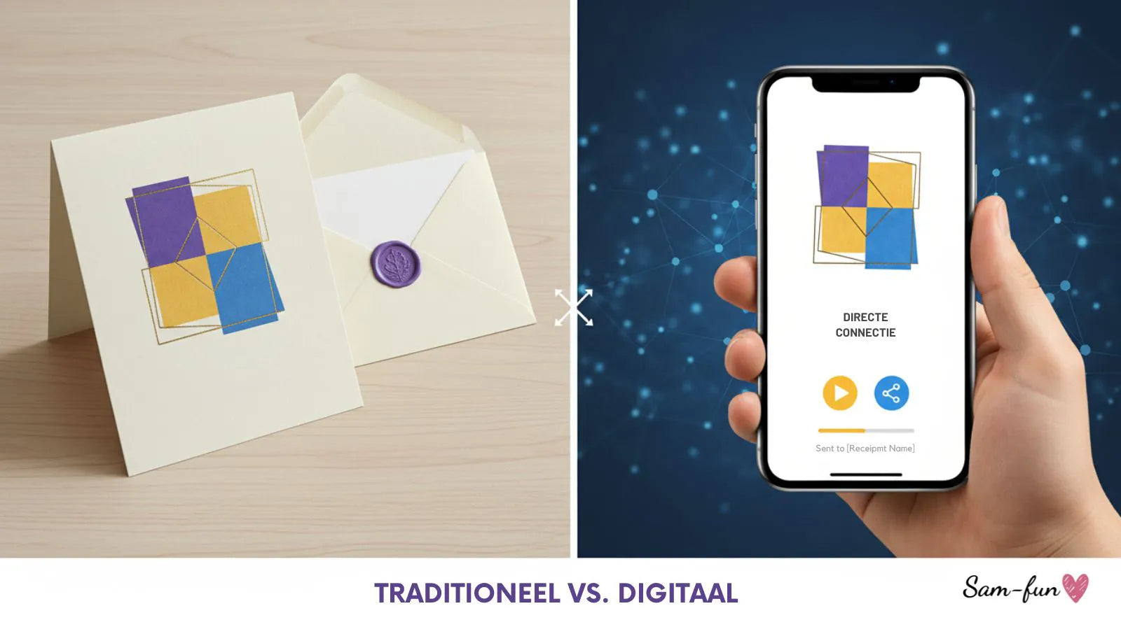 Vergelijking tussen fysieke wenskaart met envelop en smartphone met digitale kaart, moderne en informatieve sfeer