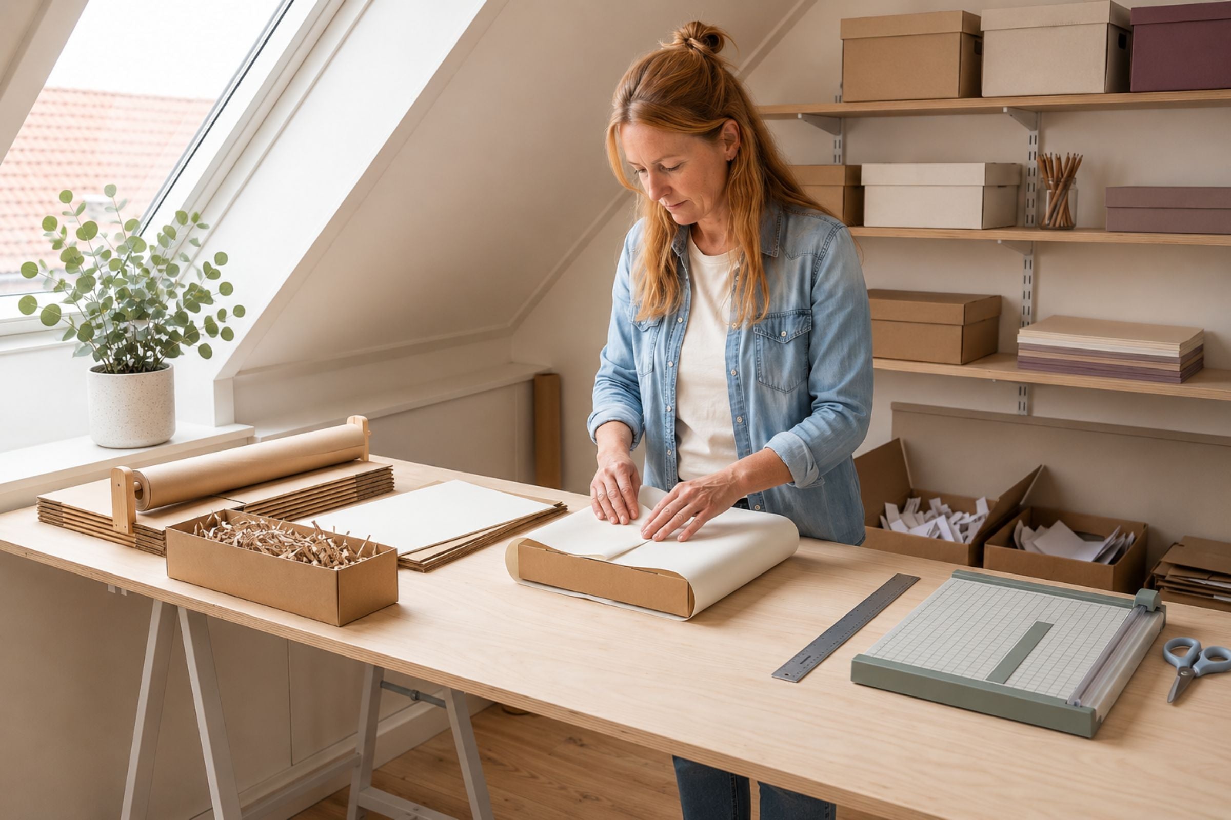 Een vrouw werkt in een lichte zolderwerkruimte aan een plasticvrije verpakking met papier, karton en herbruikbare materialen.
