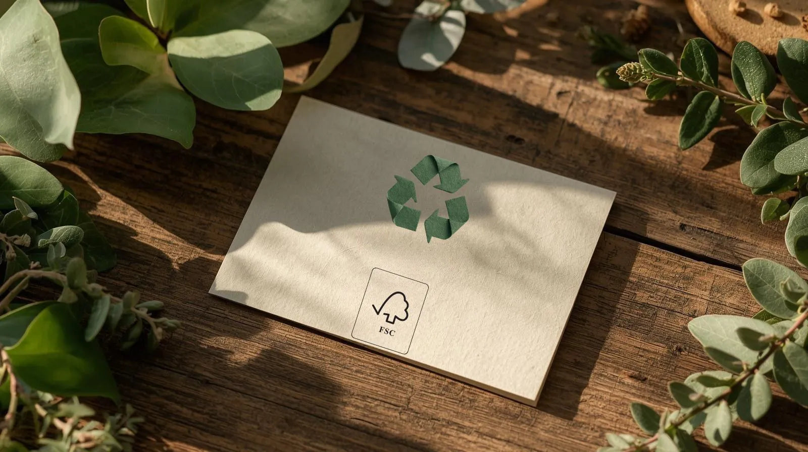 Duurzame wenskaart van gerecycled FSC-papier met natuurlijke uitstraling en groene planten eromheen