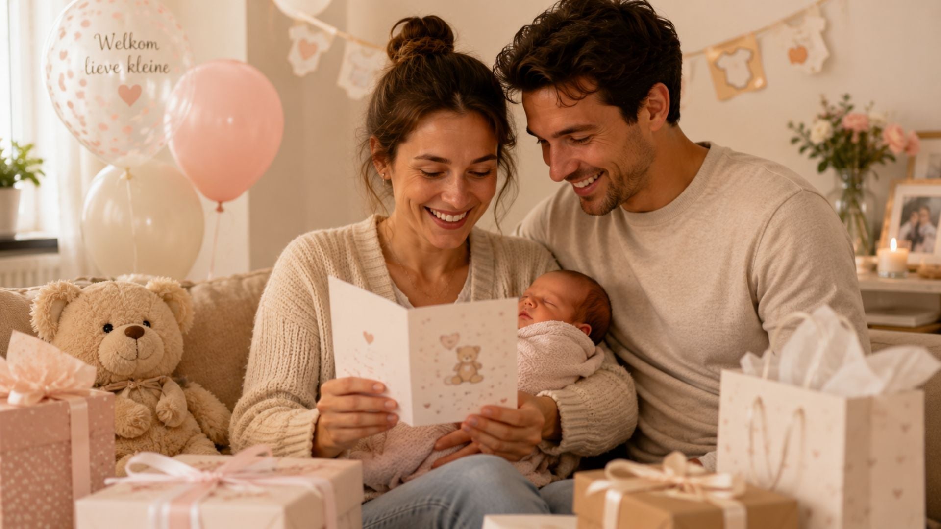 Ouders zitten samen op de bank met hun pasgeboren baby en lezen glimlachend een kaart, met cadeaus, ballonnen en zachte babyversiering om hen heen.
