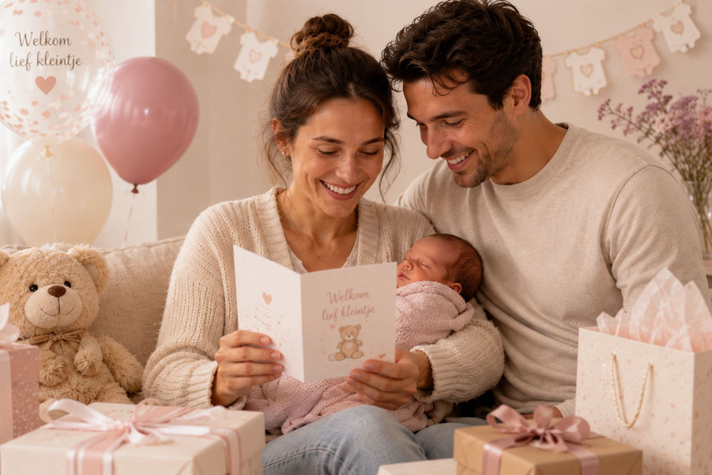 Ouders zitten samen op de bank met hun pasgeboren baby en lezen glimlachend een kaart, met cadeaus, ballonnen en zachte babyversiering om hen heen.
