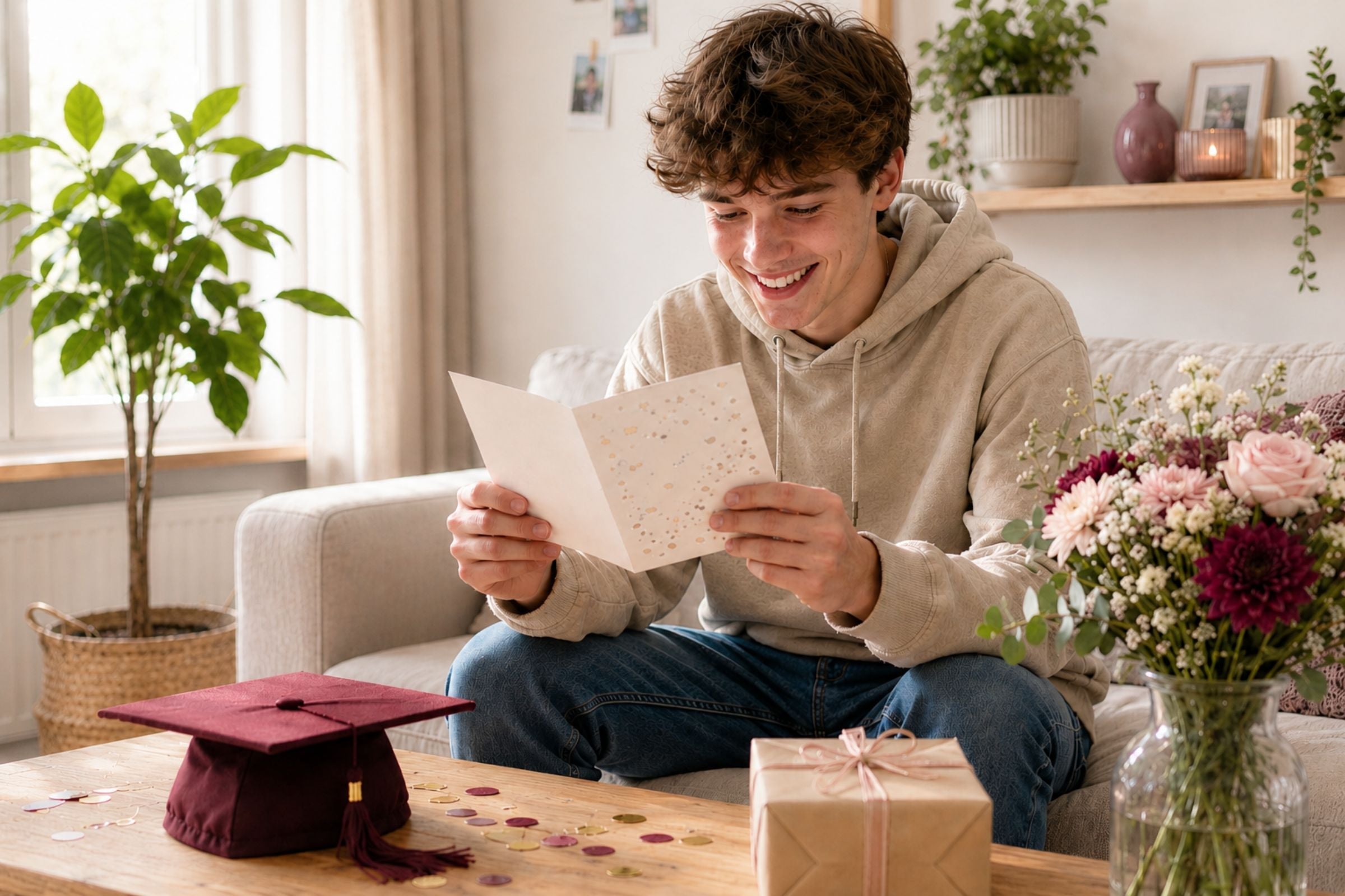 Een jongen zit lachend op de bank en leest een felicitatiekaart, met een afstudeerhoed, een klein cadeau en bloemen in de kamer.