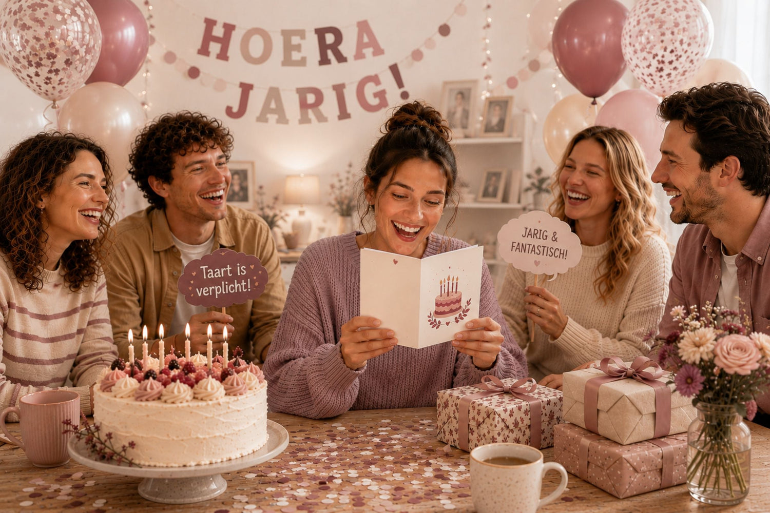 Een jarige vrouw leest lachend een grappige verjaardagskaart aan tafel, terwijl vrienden om haar heen lachen en de kamer versierd is met ballonnen, slingers, cadeaus en een verjaardagstaart.