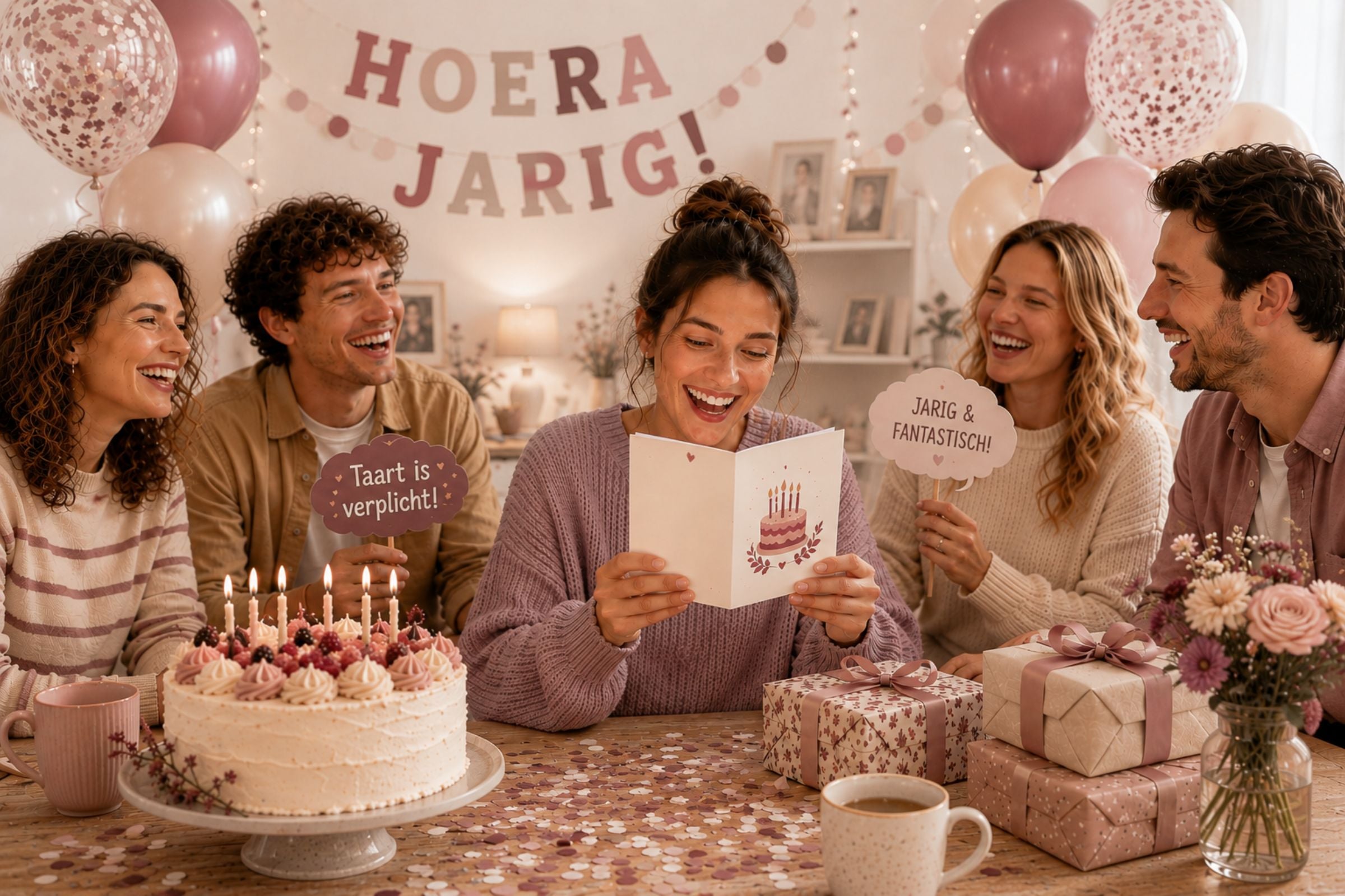 Een jarige vrouw leest lachend een grappige verjaardagskaart aan tafel, terwijl vrienden om haar heen lachen en de kamer versierd is met ballonnen, slingers, cadeaus en een verjaardagstaart.