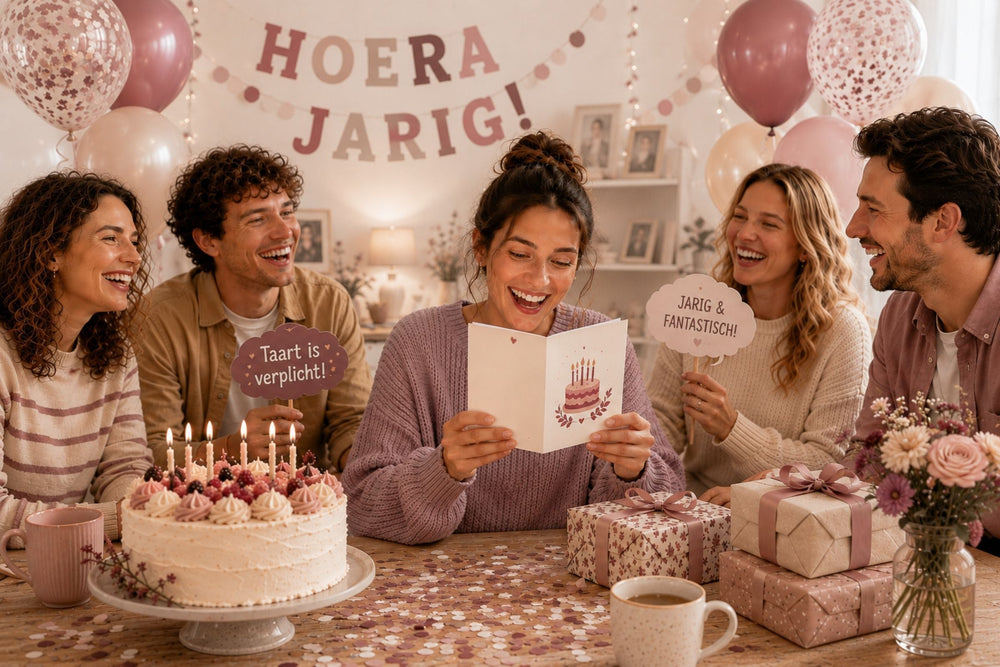 Een jarige vrouw leest lachend een grappige verjaardagskaart aan tafel, terwijl vrienden om haar heen lachen en de kamer versierd is met ballonnen, slingers, cadeaus en een verjaardagstaart.