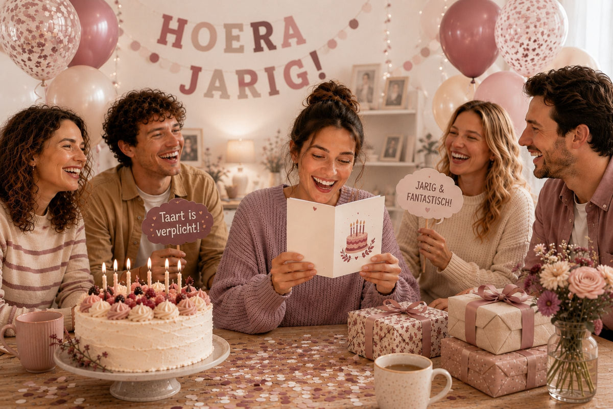 Een jarige vrouw leest lachend een grappige verjaardagskaart aan tafel, terwijl vrienden om haar heen lachen en de kamer versierd is met ballonnen, slingers, cadeaus en een verjaardagstaart.