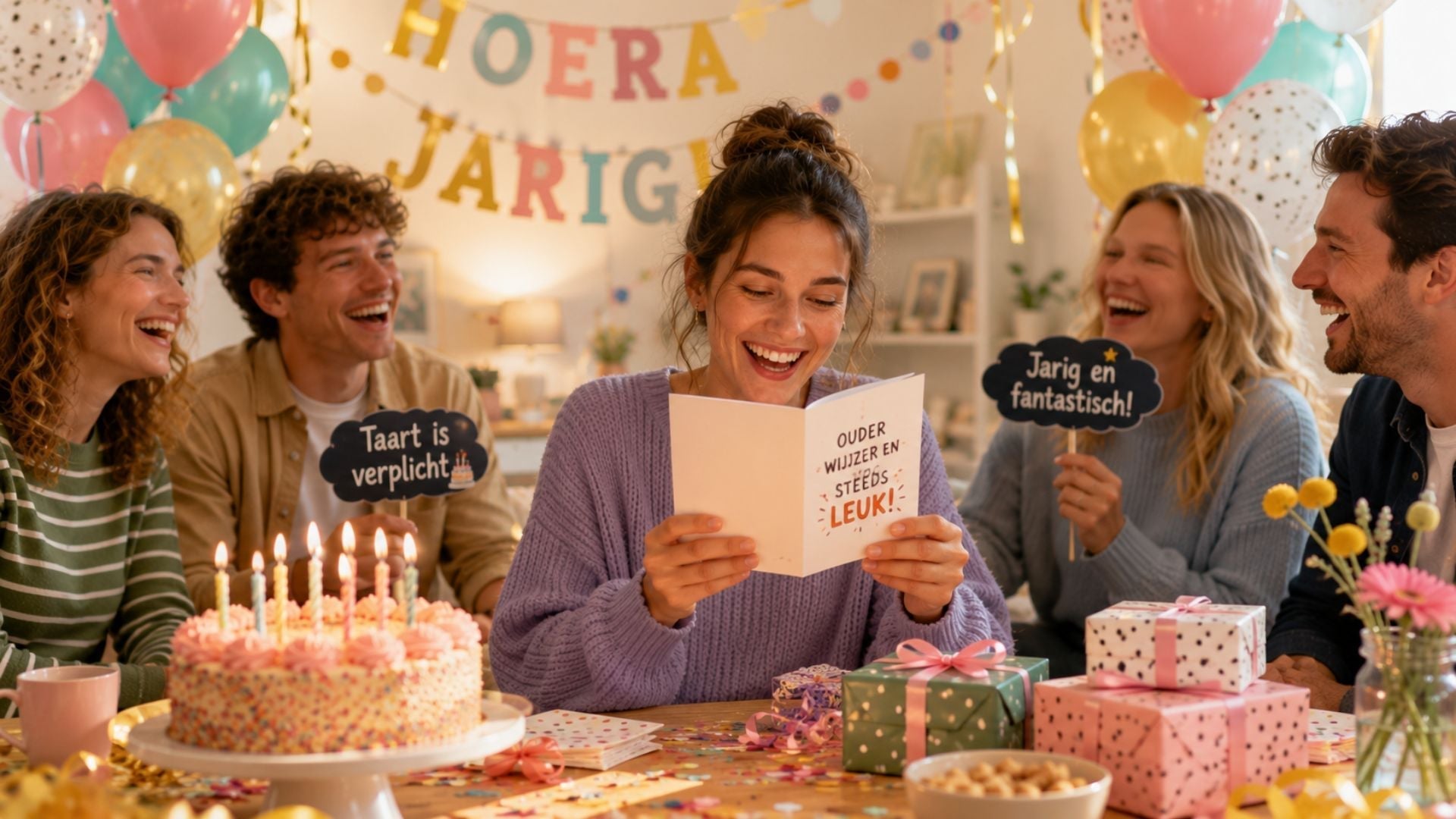 Een jarige vrouw leest lachend een grappige verjaardagskaart aan tafel, terwijl vrienden om haar heen lachen en de kamer versierd is met ballonnen, slingers, cadeaus en een verjaardagstaart.