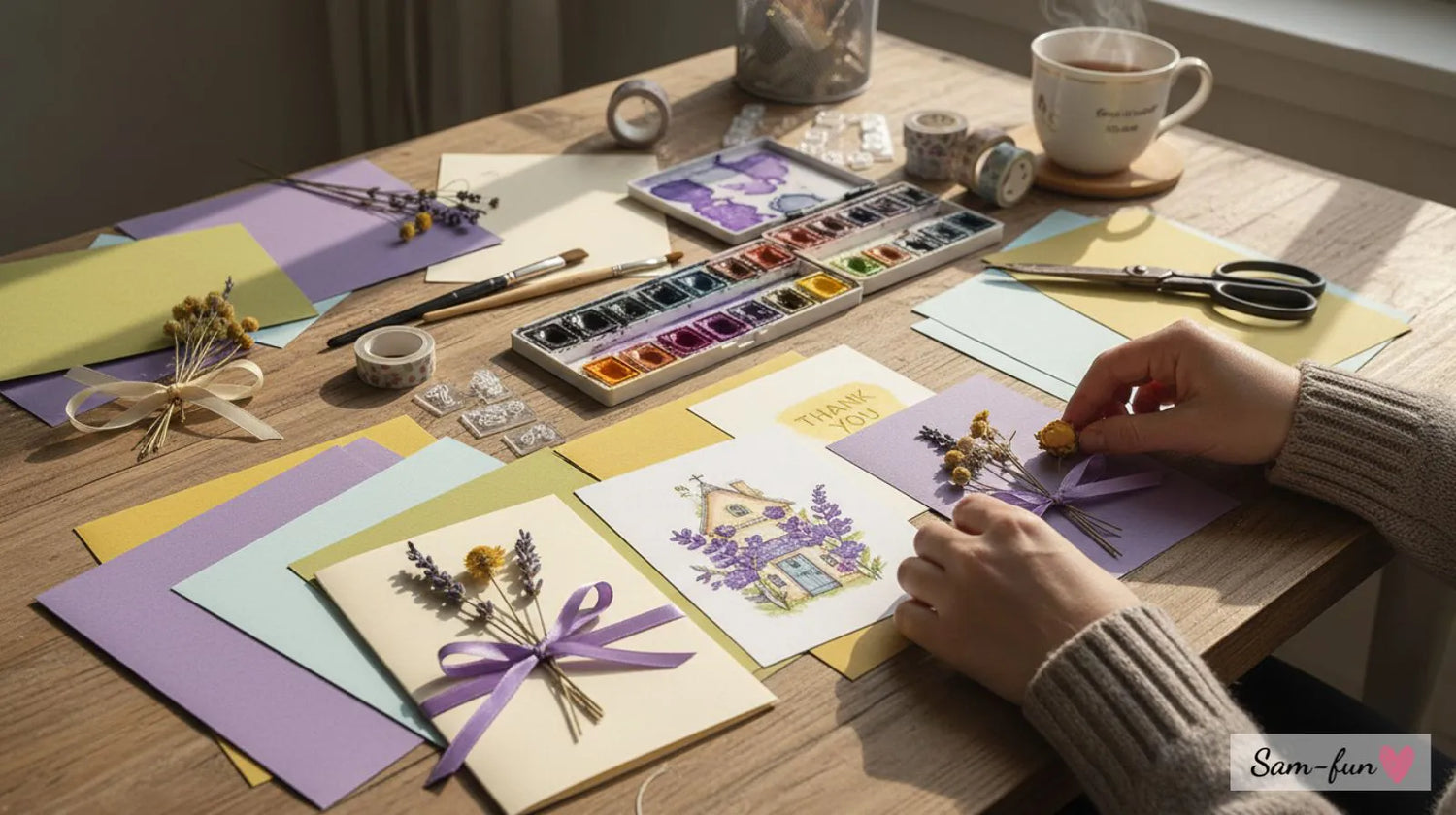 Creatieve werkplek met materialen voor handgemaakte wenskaarten: papier, verf, stempels en decoraties op tafel met handen die een kaart maken