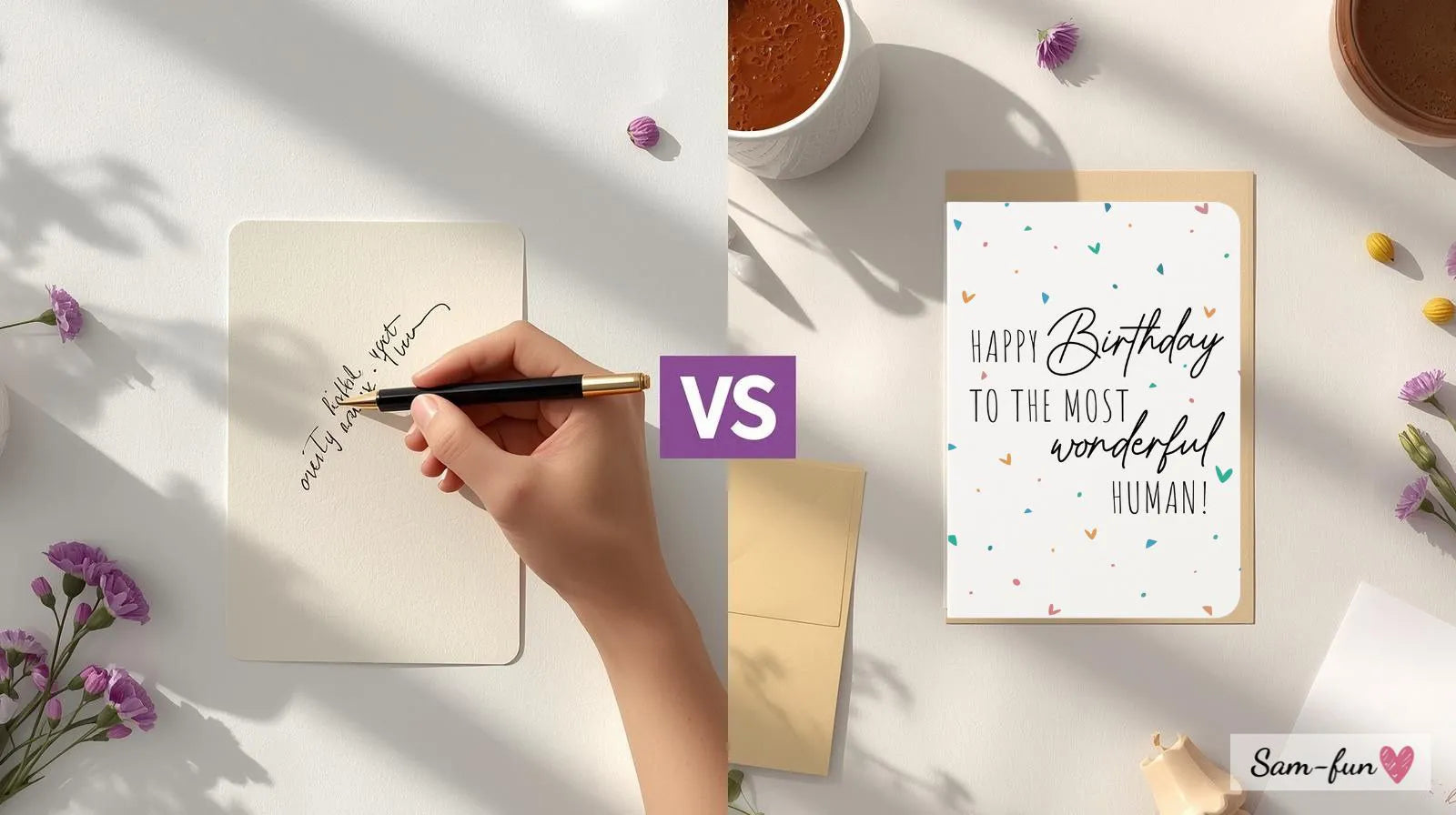 Vergelijking tussen handgeschreven en gedrukte wenskaarten met pen en schrijfmaterialen op witte achtergrond