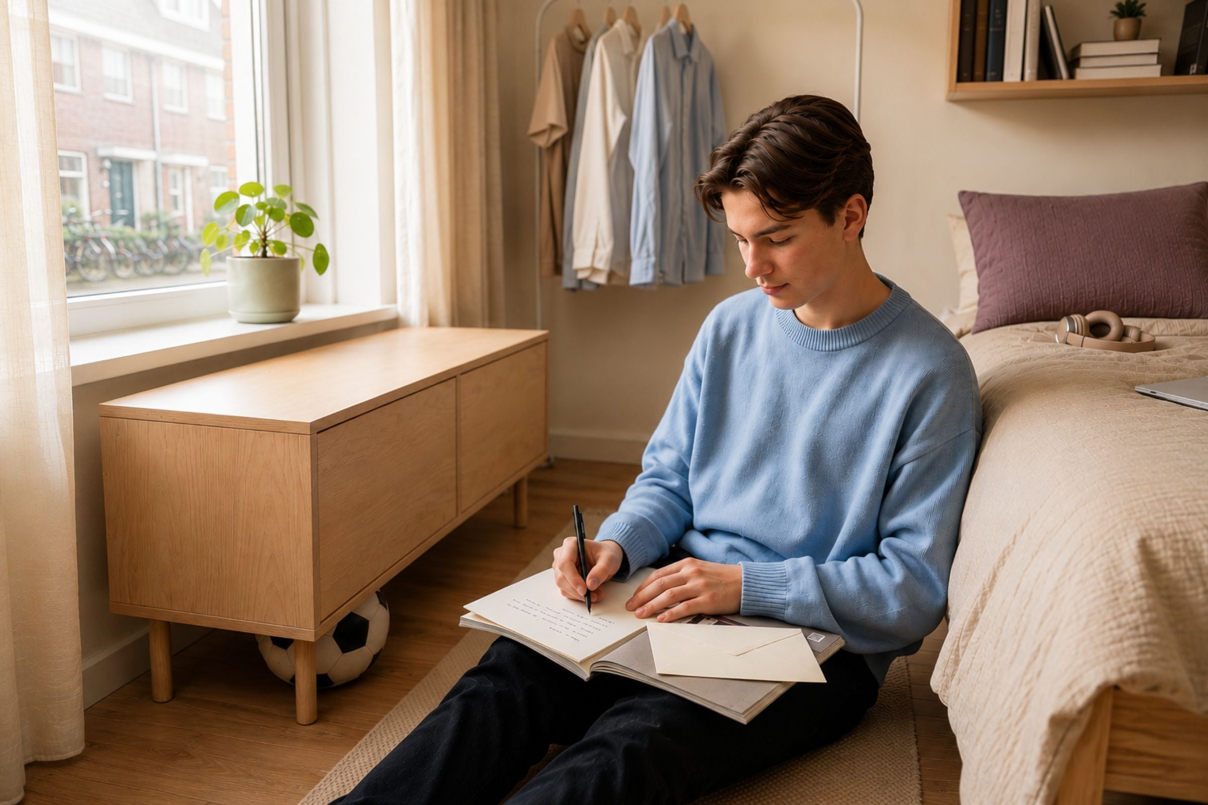 Een tiener schrijft op een los kladblaadje in een lichte slaapkamer, met een gesloten envelop en persoonlijke spullen naast zich.