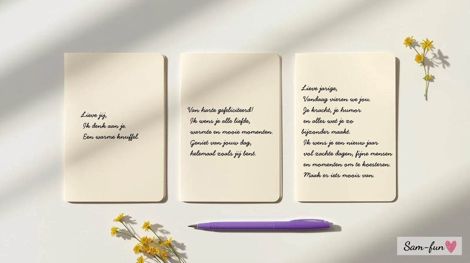 Drie lege wenskaarten naast elkaar die verschillende beschikbare tekstlengtes tonen, met paarse pen en gele bloemen ernaast.