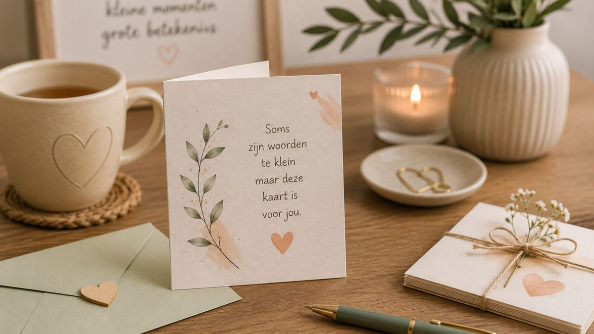 Een open wenskaart staat op een houten tafel met een pen, envelop, kaars en kleine stapel kaarten ernaast.