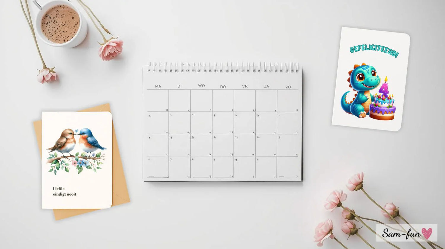 Kalender met verschillende wenskaarten en timing-indicatoren voor verjaardags-, condoleance- en andere kaarten