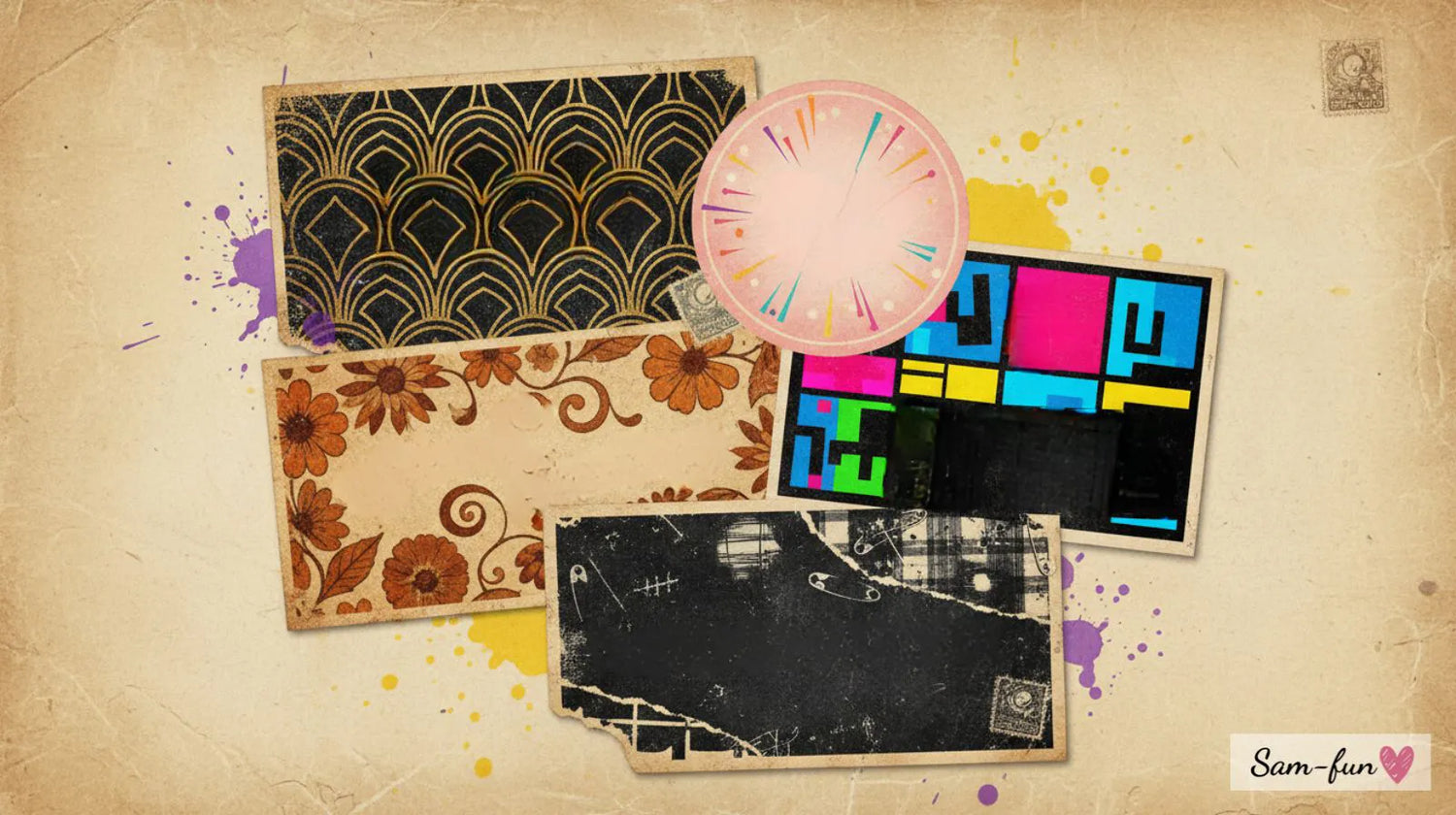 Collage van vintage wenskaarten stijlen door de decennia met Art Deco, Mid-Century, Bohemian en retro designs op verouderd papier