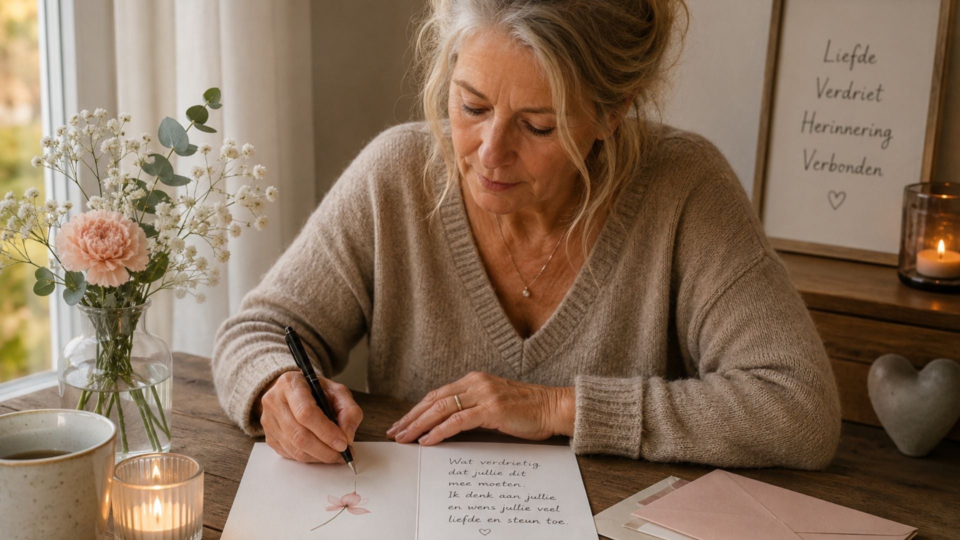 Een vrouw schrijft aan tafel een steunende kaart met zachte bloemen en gesloten enveloppen naast zich.