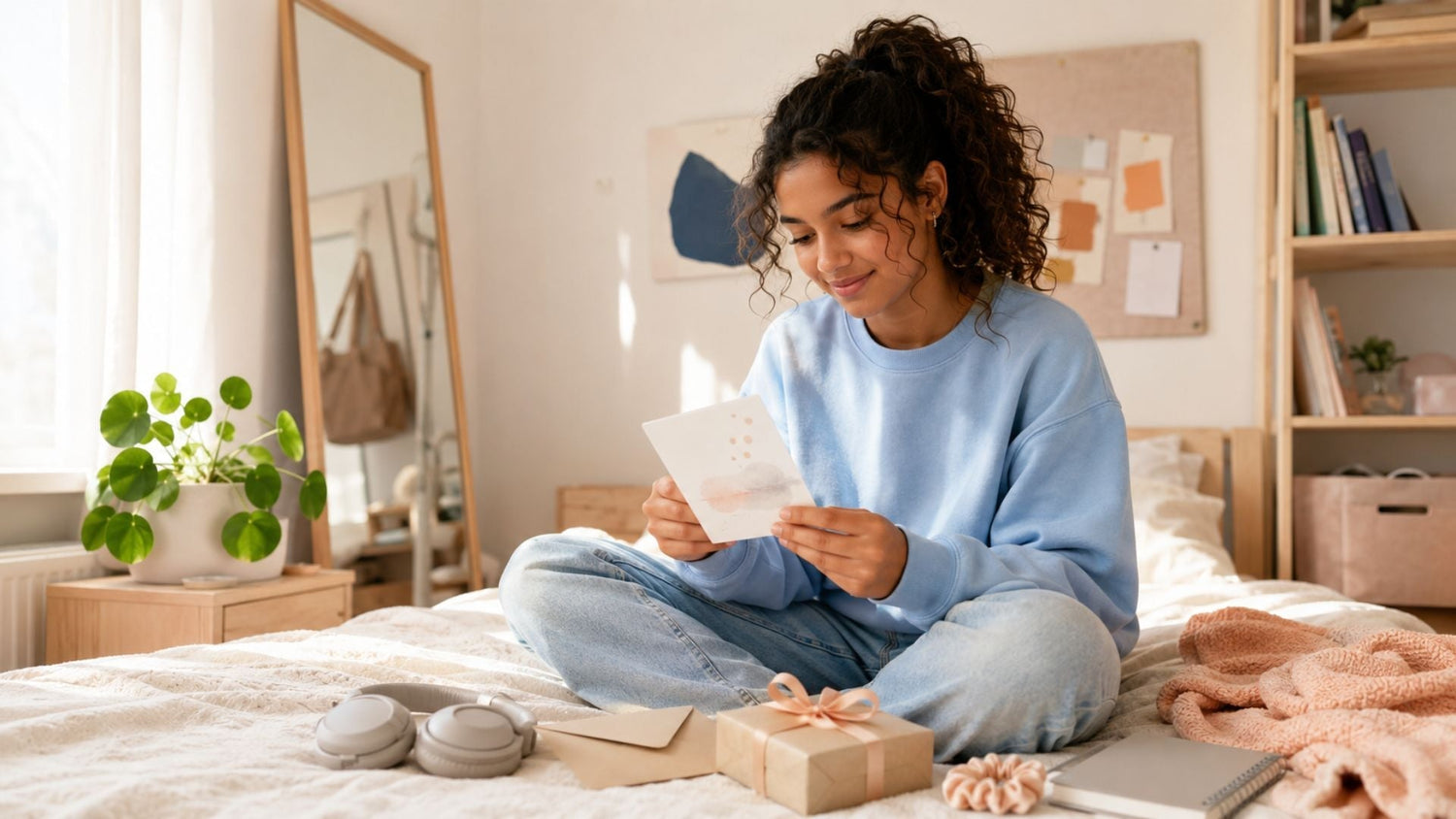 Een tiener zit op bed en bekijkt een rustige wenskaart naast een envelop en klein cadeau.