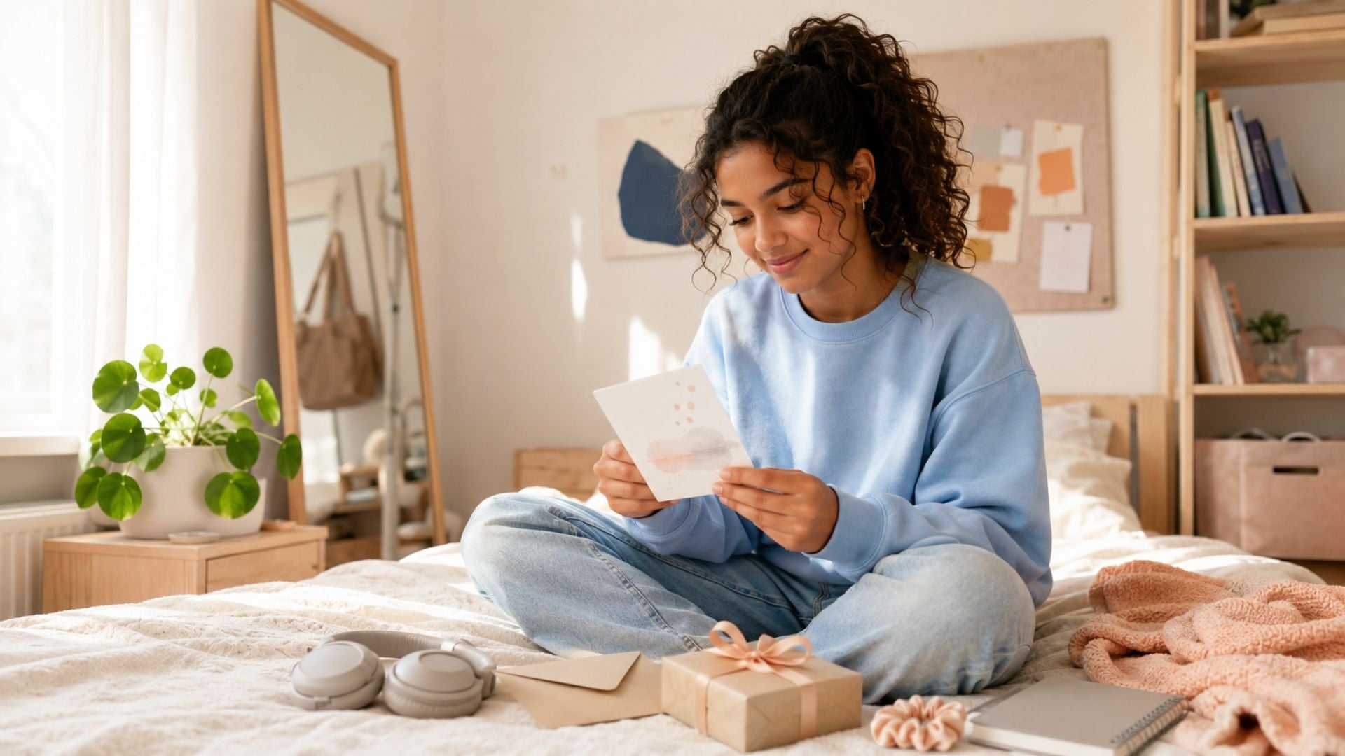 Een tiener zit op bed en bekijkt een rustige wenskaart naast een envelop en klein cadeau.