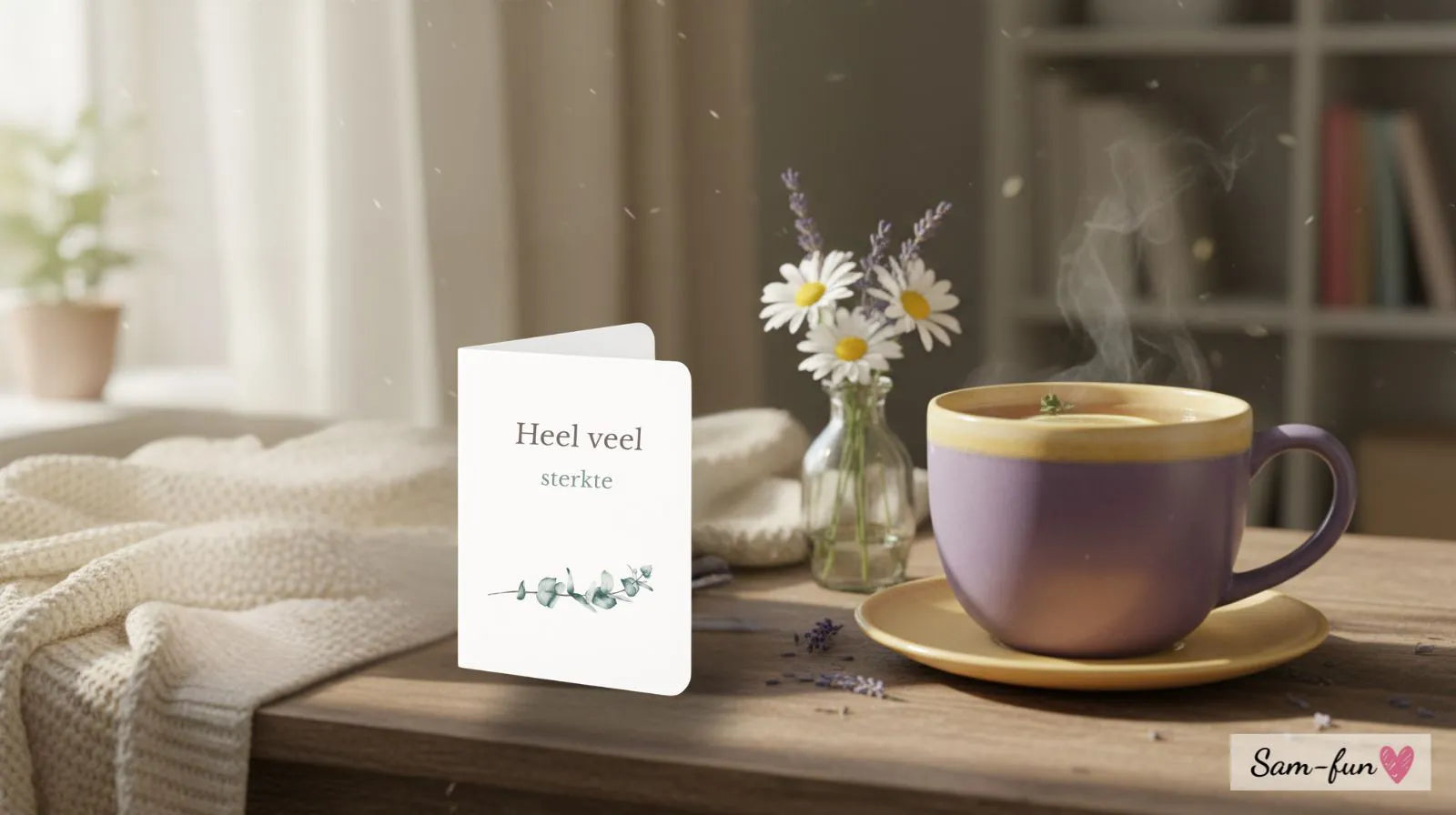 Sterktekaart met bloemen en thee op tafel, warme en ondersteunende sfeer