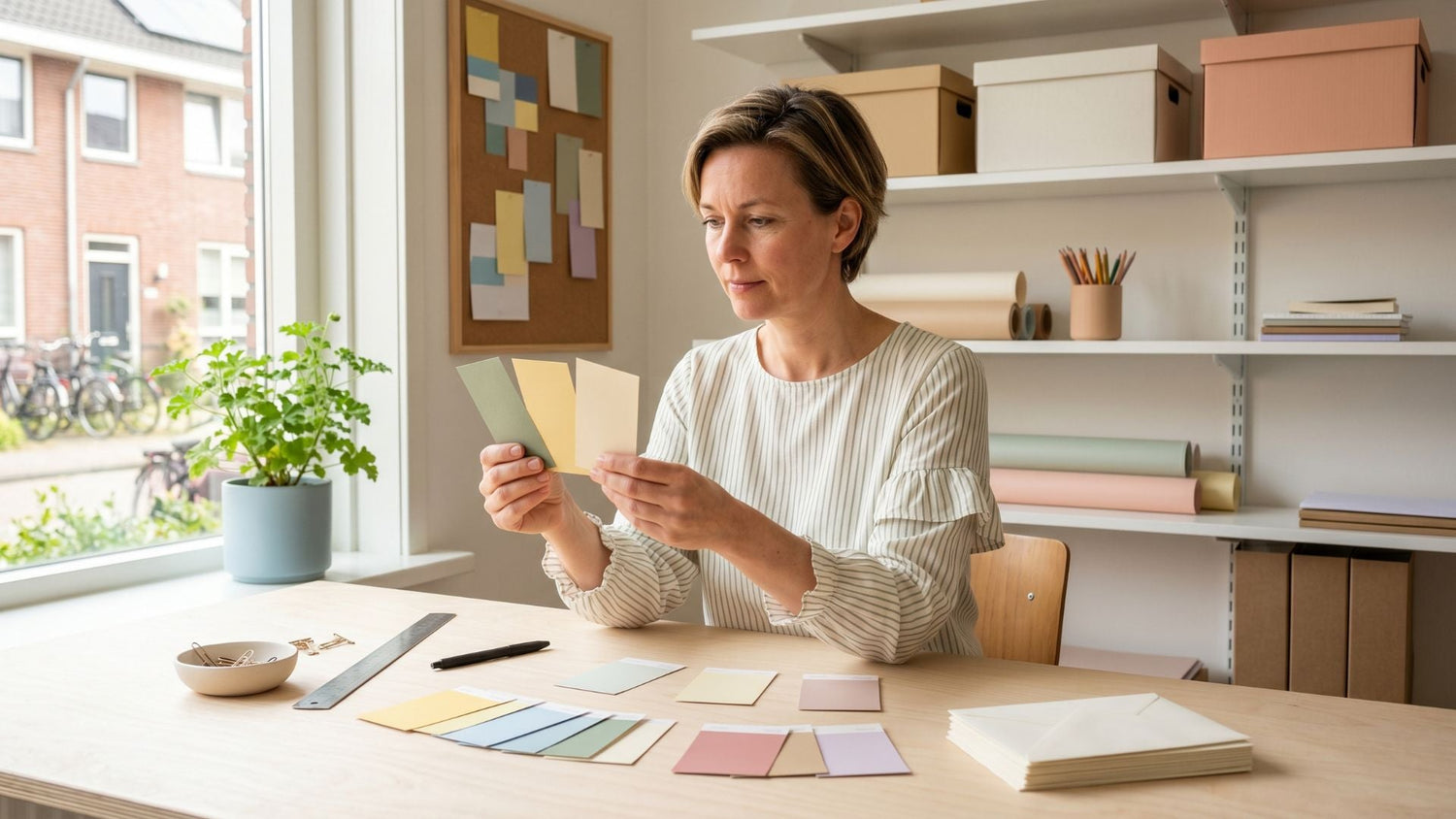 Een vrouw vergelijkt kleurstalen op een lichte creatieve werkplek om een passende kleur voor een wenskaart te kiezen.