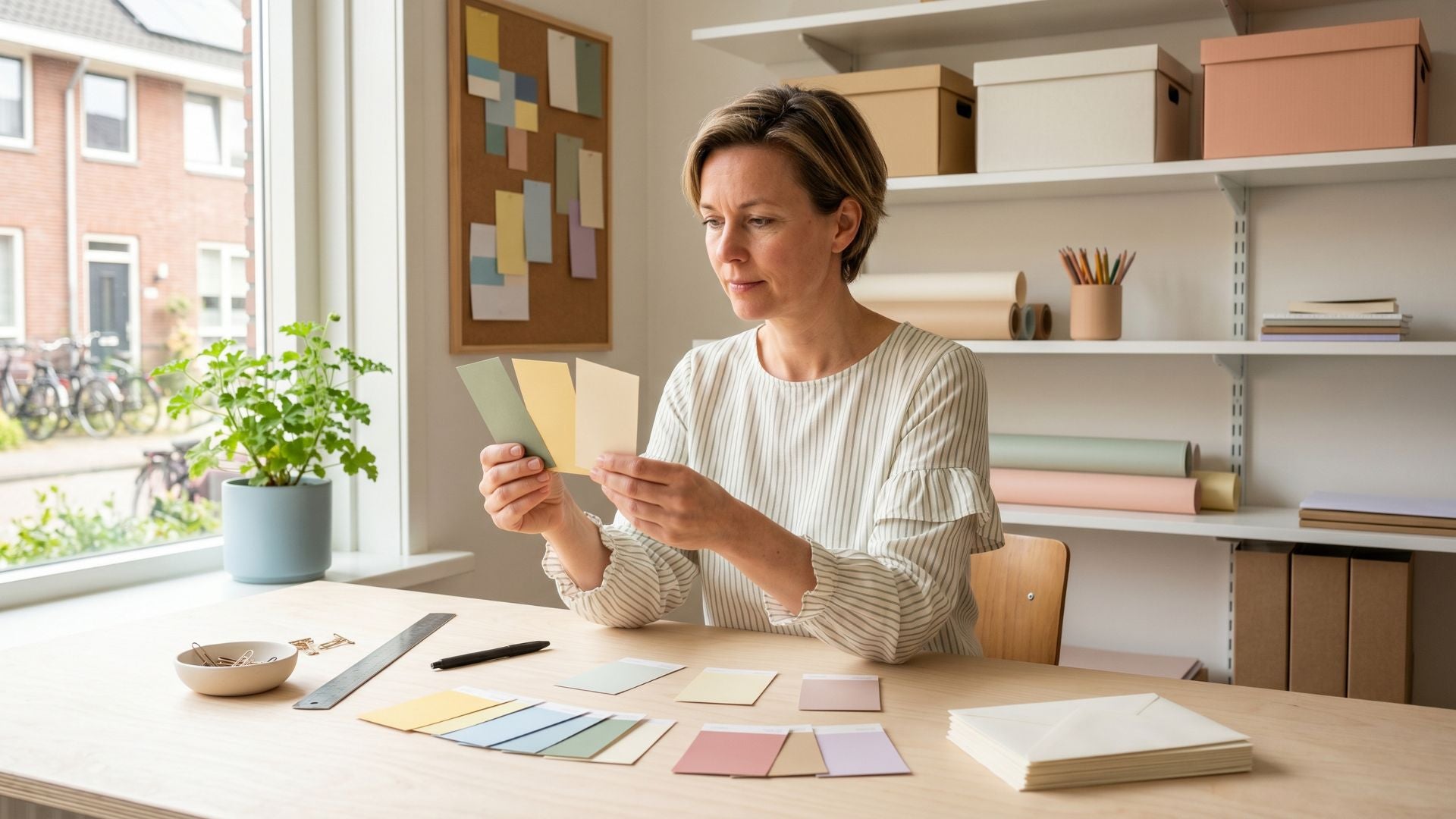 Een vrouw vergelijkt kleurstalen op een lichte creatieve werkplek om een passende kleur voor een wenskaart te kiezen.